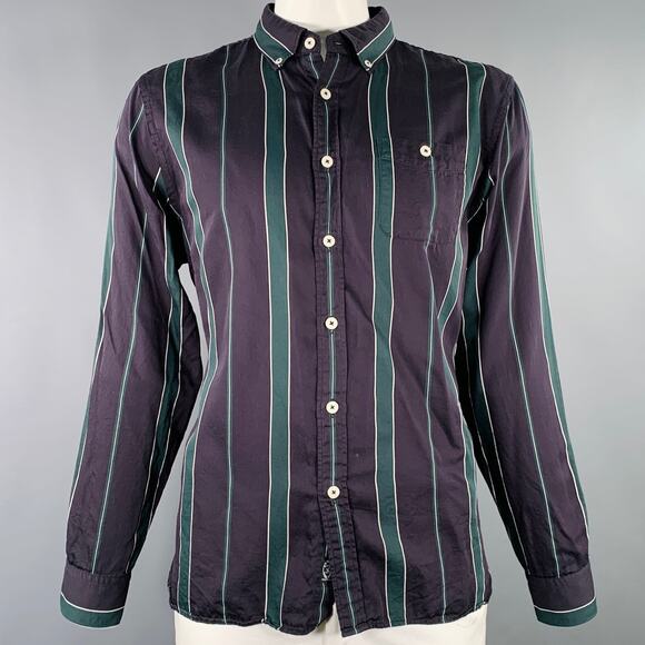 TODD SNYDER Size XL Black Dark Green Stripe Cotton Blend Long Sleeve Shirt - Picture 1 of 5
